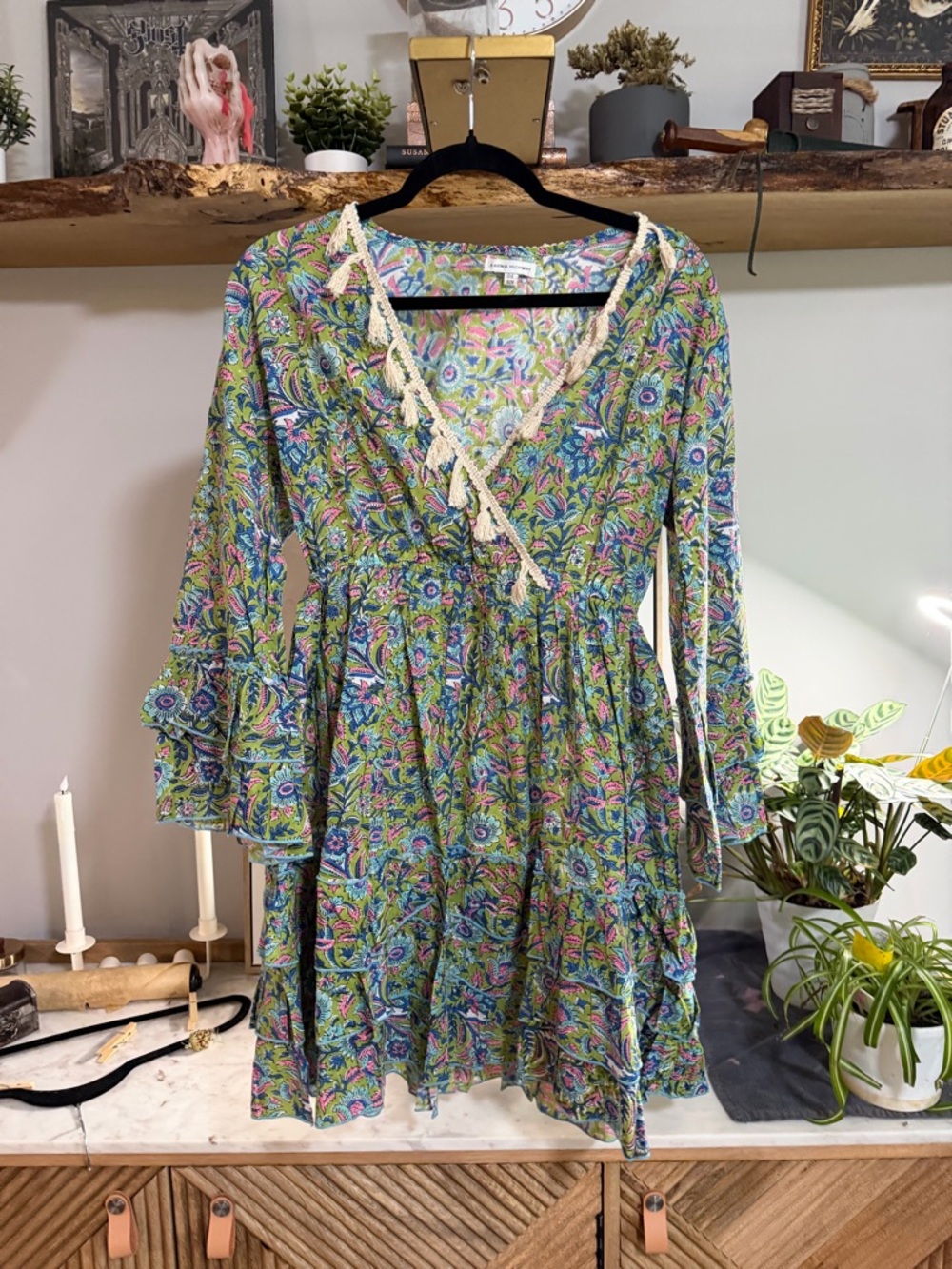 Karma Highway Boho Tiered 100% Cotton Dress with Lace Trim and Tassels - Green